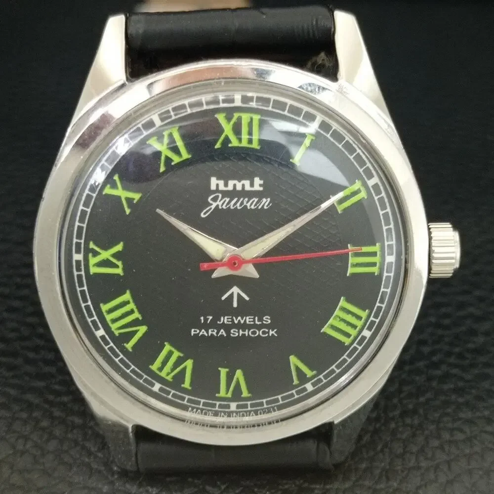 Vintage 1988 HMT Manual Wound Mens Silver Watch & Green accents